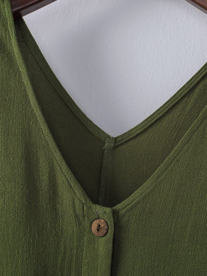 Green Button V Neck Romper with Belt