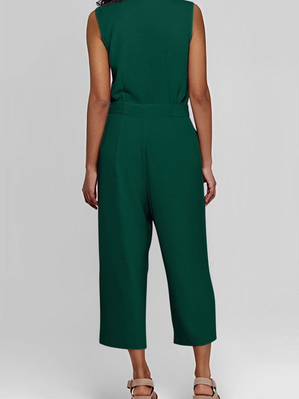 Green Buttoned Sleeveless Cropped Jumpsuit with Sash