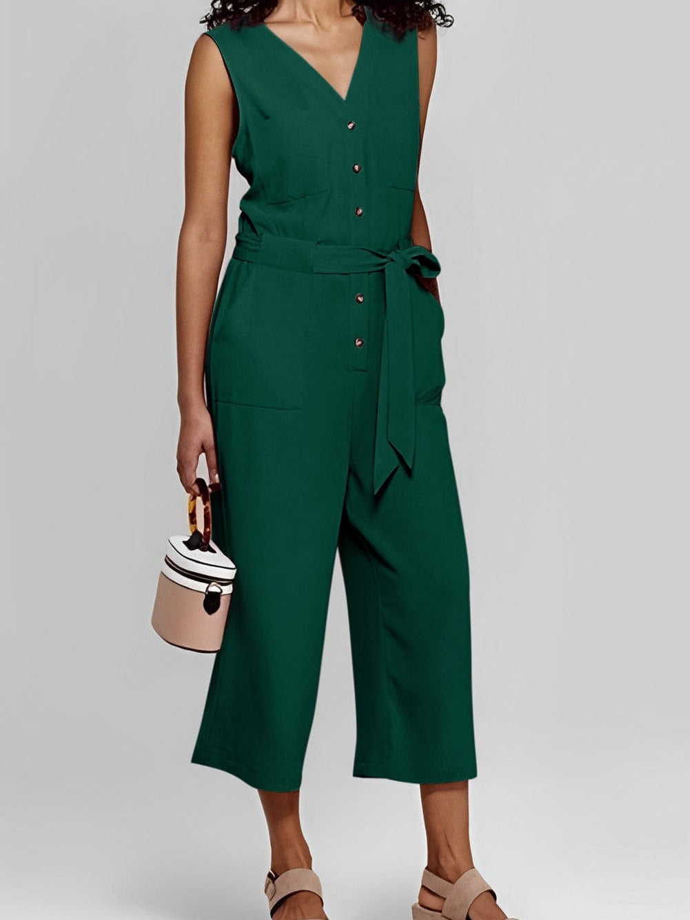 Green Buttoned Sleeveless Cropped Jumpsuit with Sash