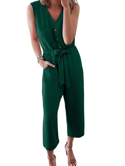 Green Buttoned Sleeveless Cropped Jumpsuit with Sash