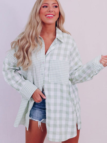 Green Checkered Patchwork Plaid Shacket with Long Sleeves