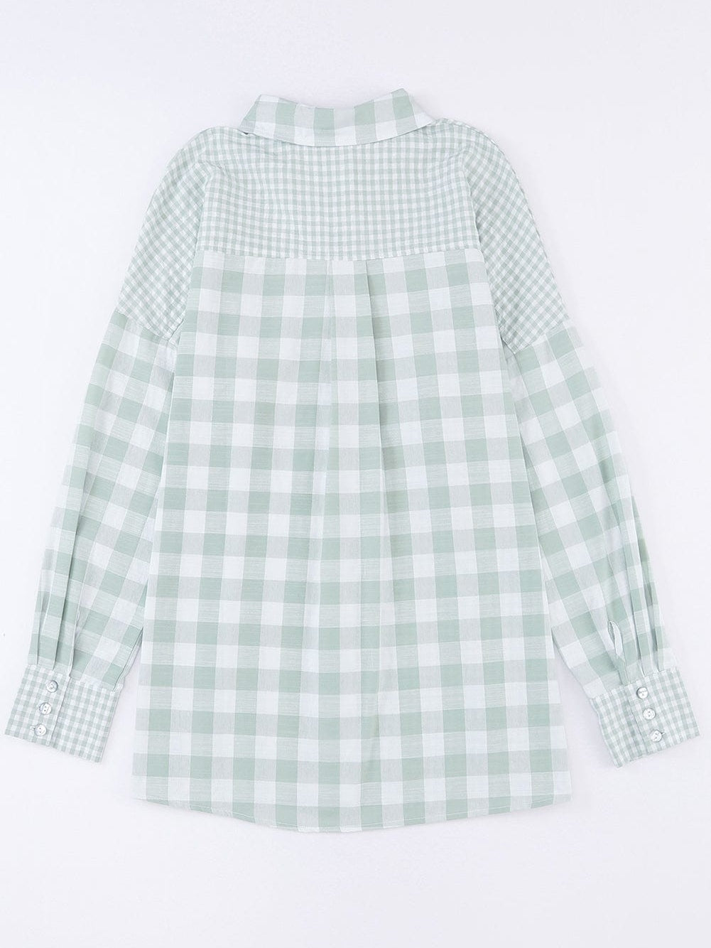 Green Checkered Patchwork Plaid Shacket with Long Sleeves