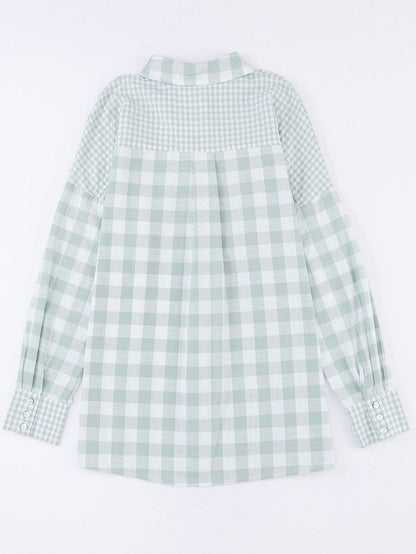 Green Checkered Patchwork Plaid Shacket with Long Sleeves