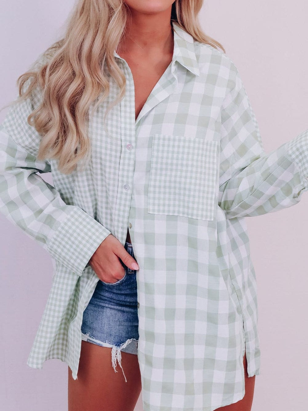 Green Checkered Patchwork Plaid Shacket with Long Sleeves