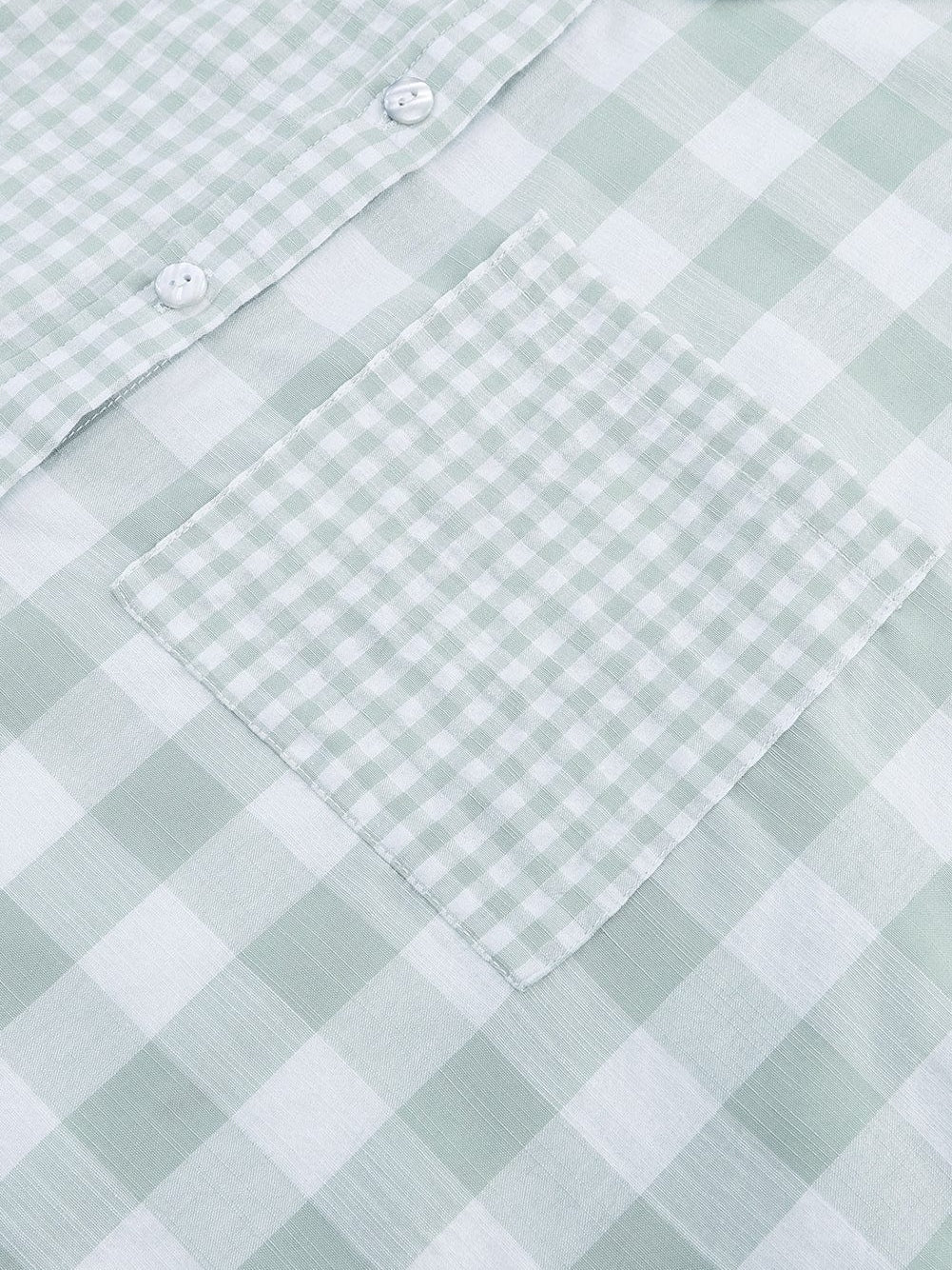 Green Checkered Patchwork Plaid Shacket with Long Sleeves