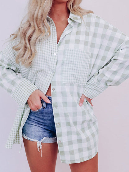 Green Checkered Patchwork Plaid Shacket with Long Sleeves