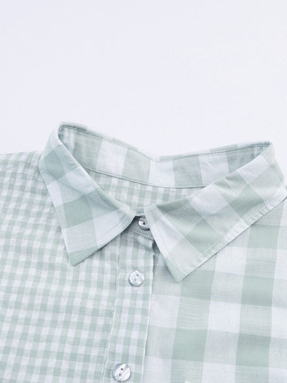 Green Checkered Patchwork Plaid Shacket with Long Sleeves
