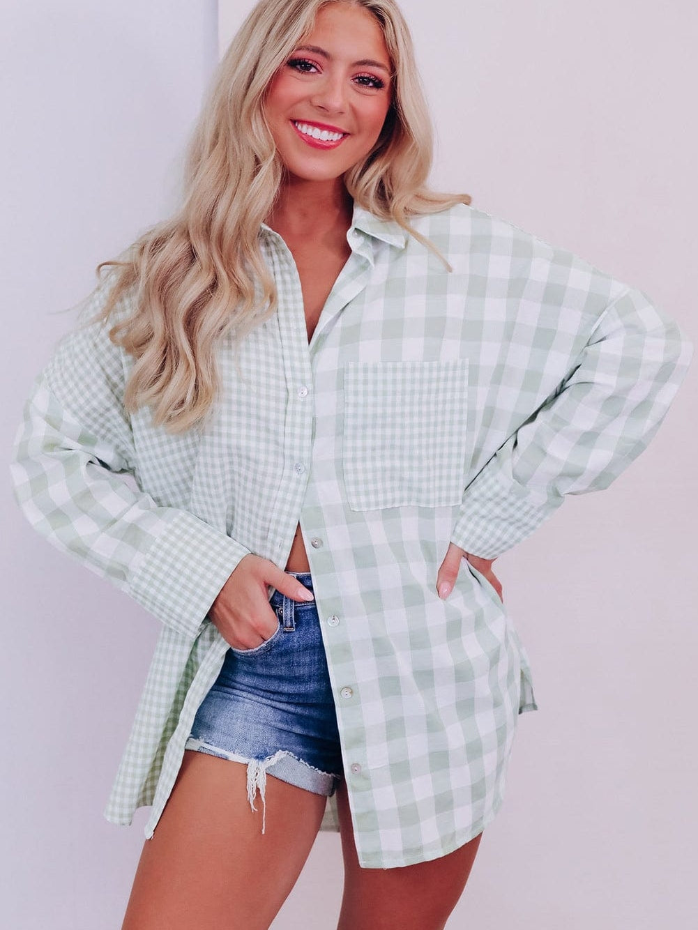 Green Checkered Patchwork Plaid Shacket with Long Sleeves