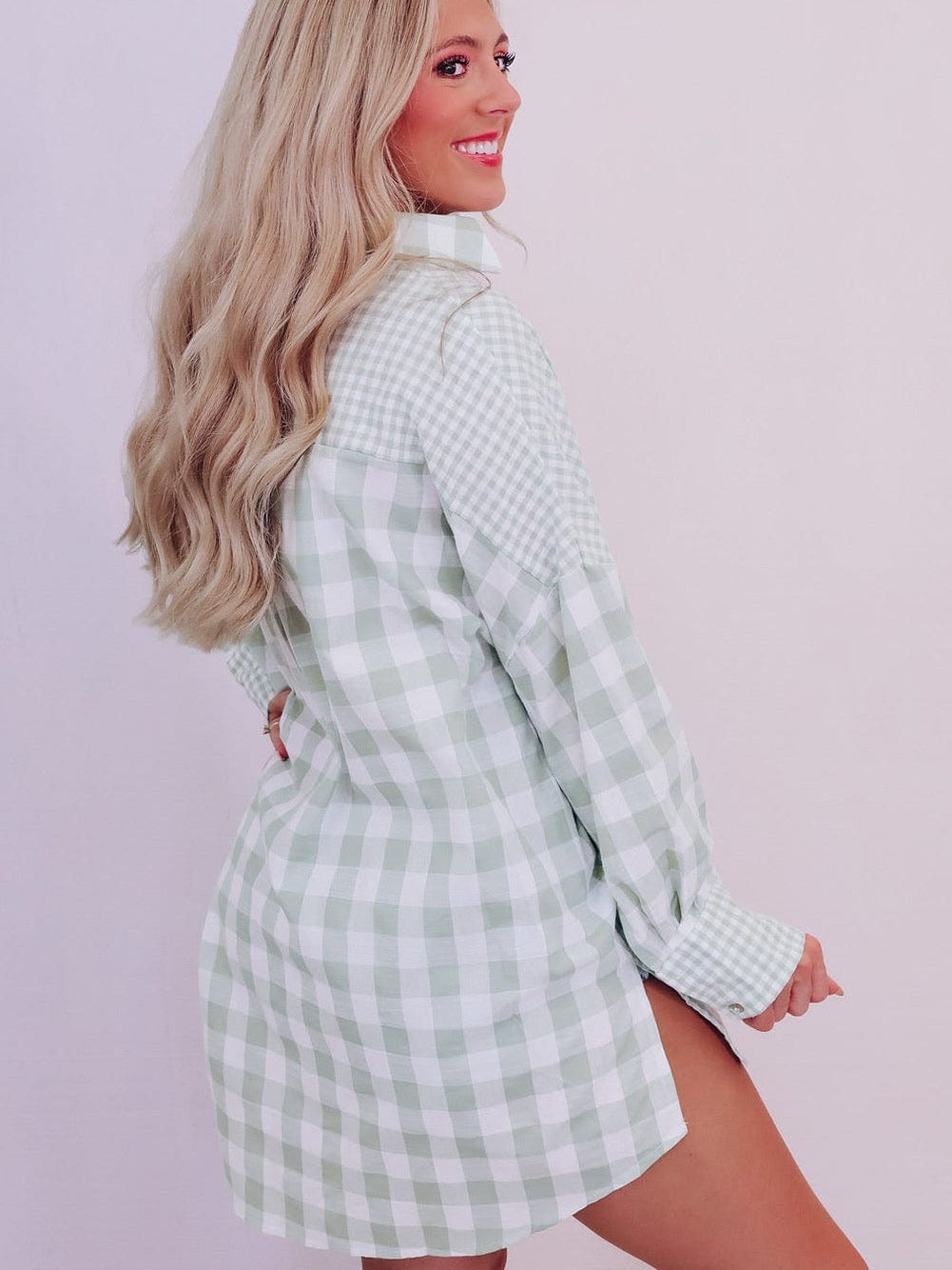 Green Checkered Patchwork Plaid Shacket with Long Sleeves