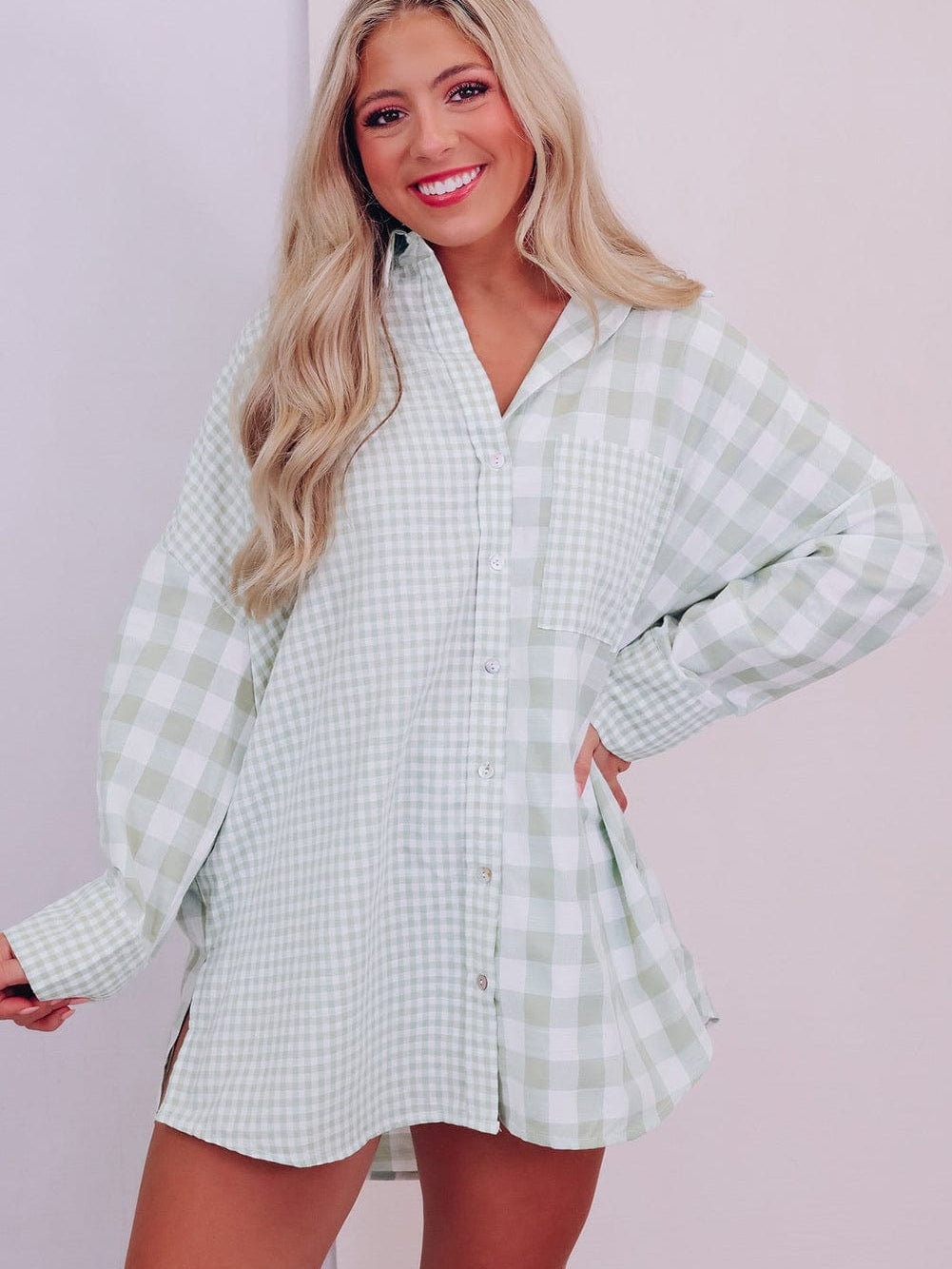Green Checkered Patchwork Plaid Shacket with Long Sleeves