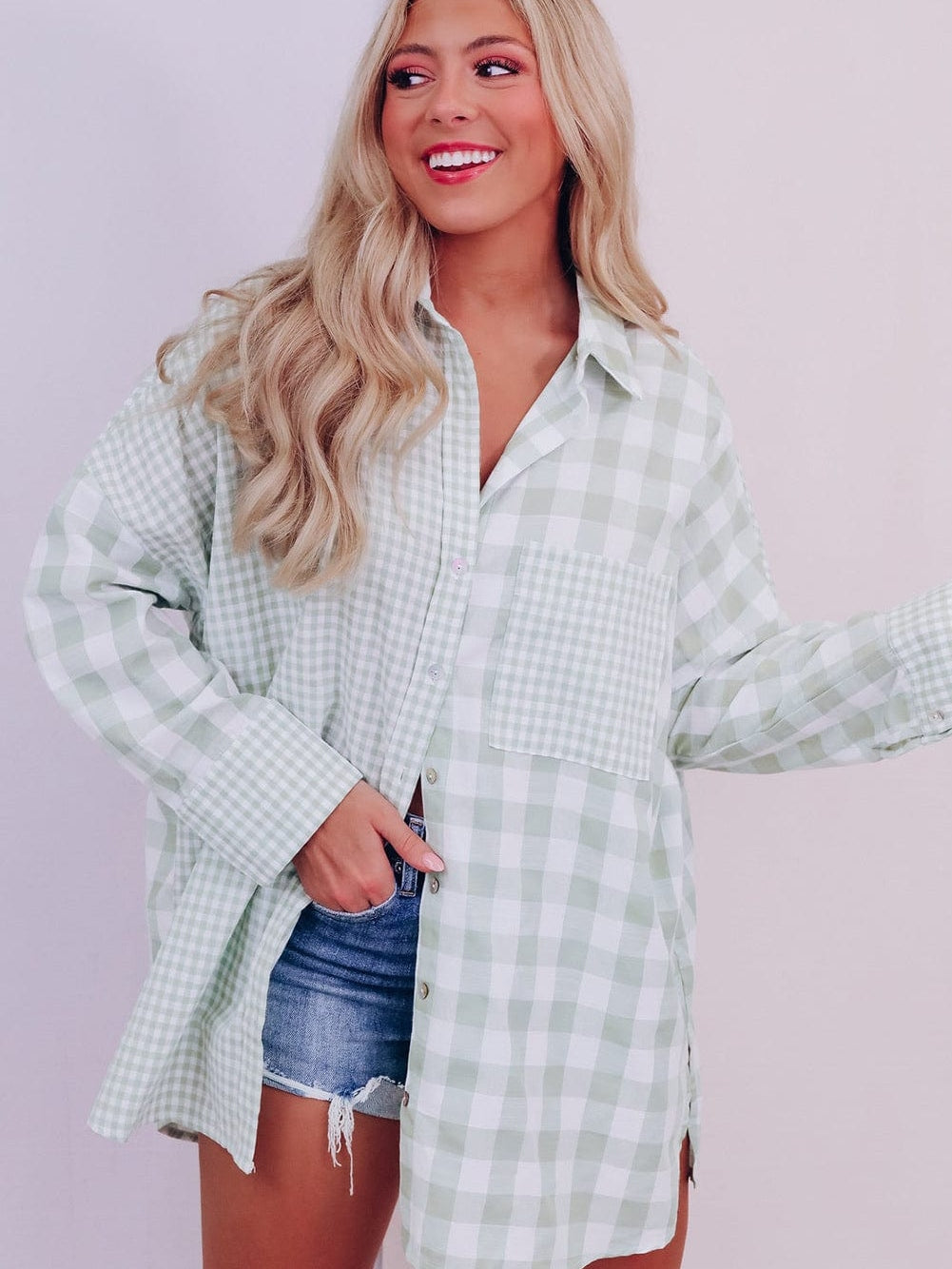 Green Checkered Patchwork Plaid Shacket with Long Sleeves
