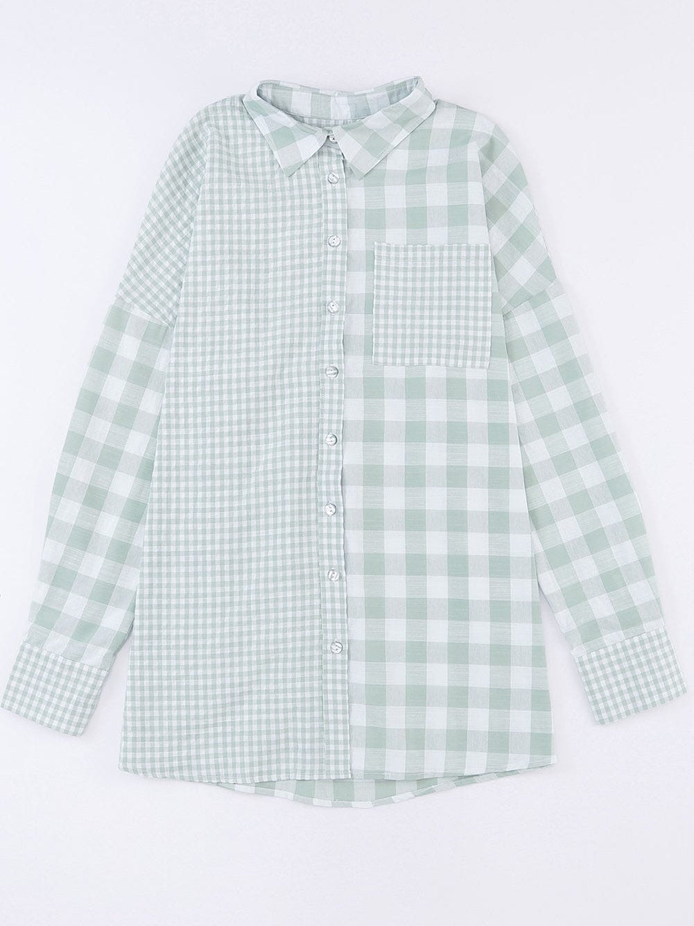 Green Checkered Patchwork Plaid Shacket with Long Sleeves