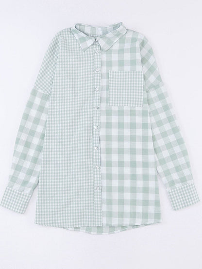 Green Checkered Patchwork Plaid Shacket with Long Sleeves