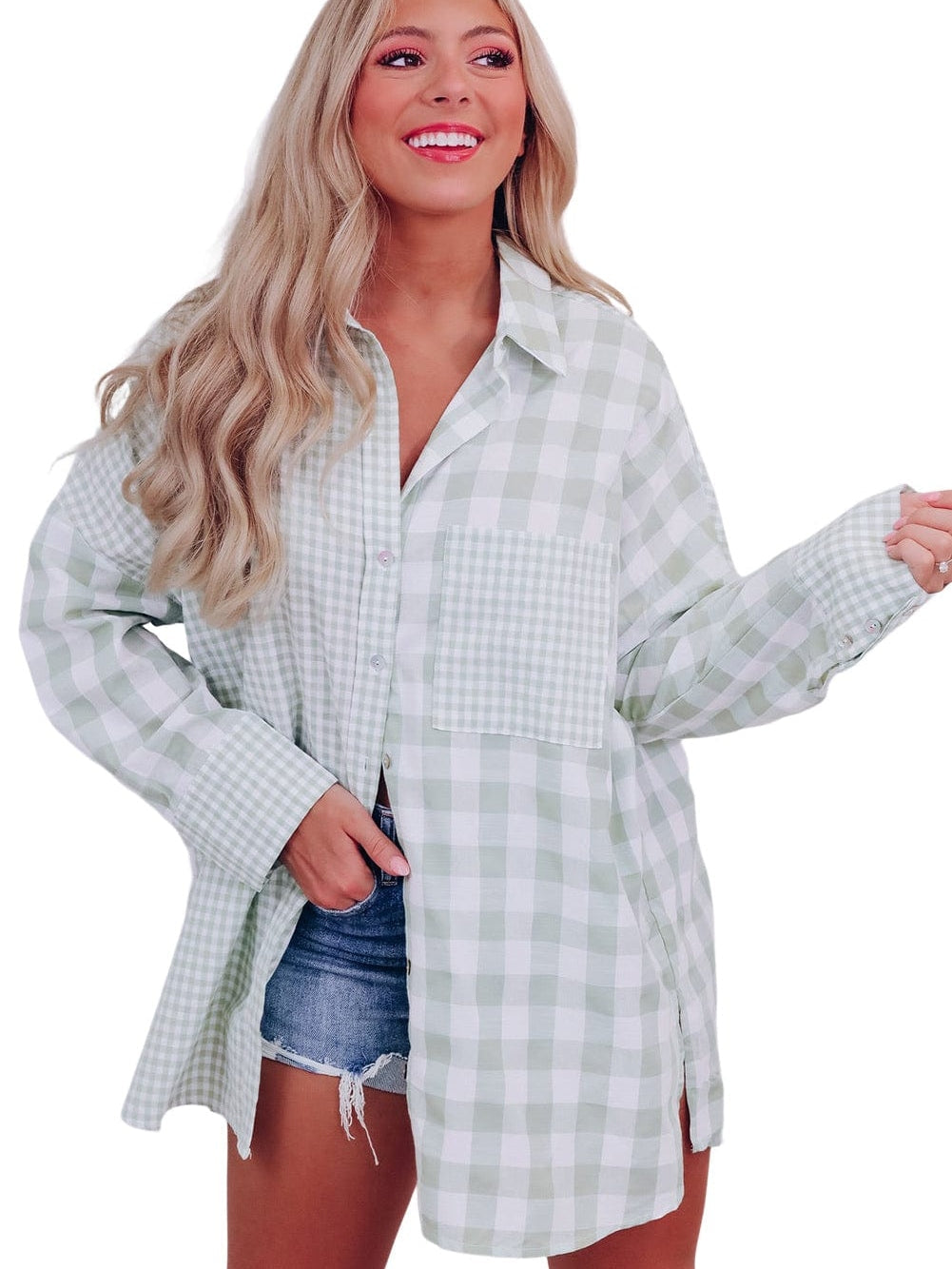 Green Checkered Patchwork Plaid Shacket with Long Sleeves