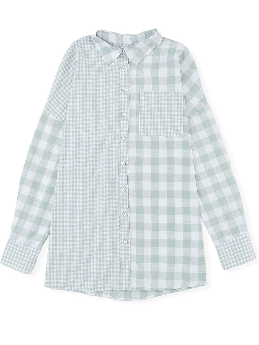 Green Checkered Patchwork Plaid Shacket with Long Sleeves