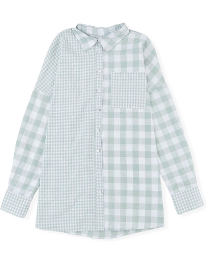 Green Checkered Patchwork Plaid Shacket with Long Sleeves