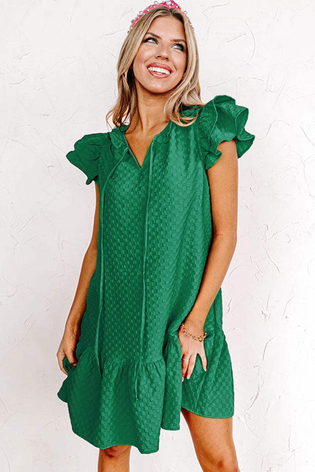 Green Checkered Texture V-Neck Shift Dress with Flutter Sleeves