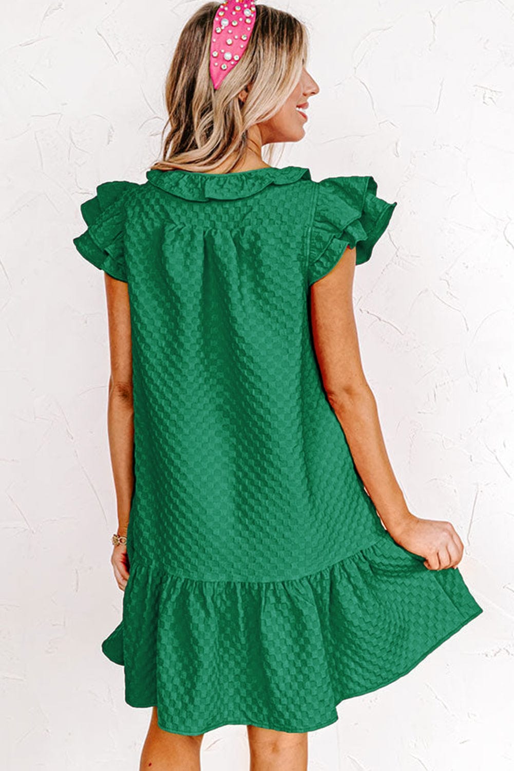 Green Checkered Texture V-Neck Shift Dress with Flutter Sleeves