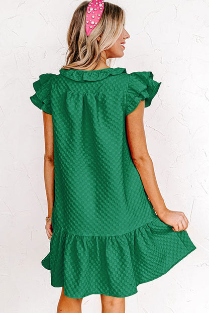 Green Checkered Texture V-Neck Shift Dress with Flutter Sleeves