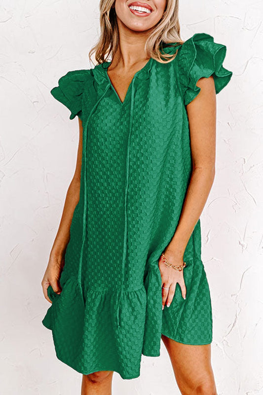 Green Checkered Texture V-Neck Shift Dress with Flutter Sleeves