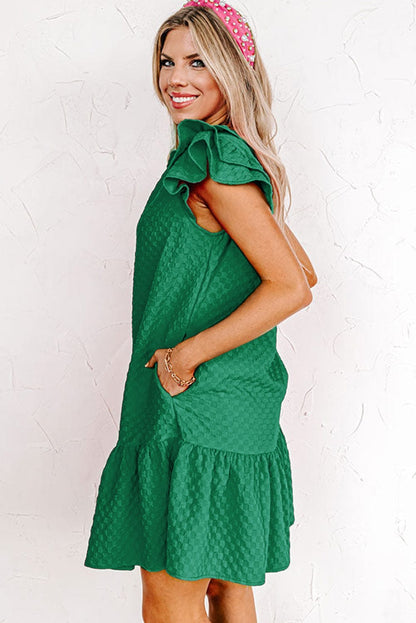 Green Checkered Texture V-Neck Shift Dress with Flutter Sleeves