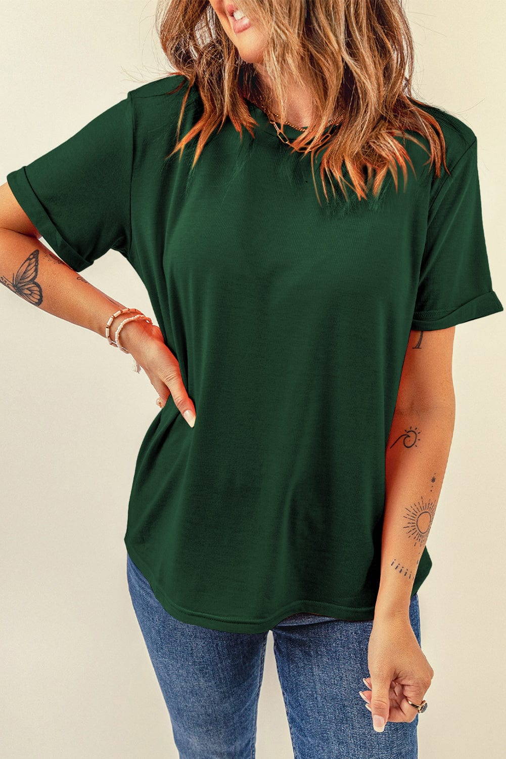 Green Chic Round Neck Casual Tee