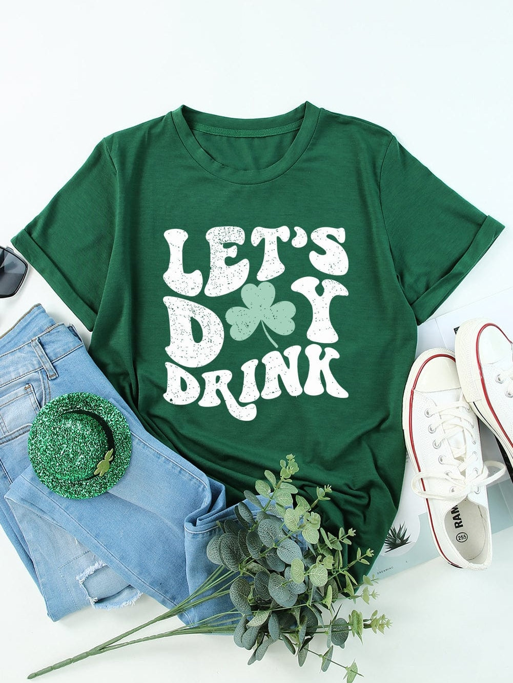 Green Clover Day Dreamer Round Neck Graphic Tee