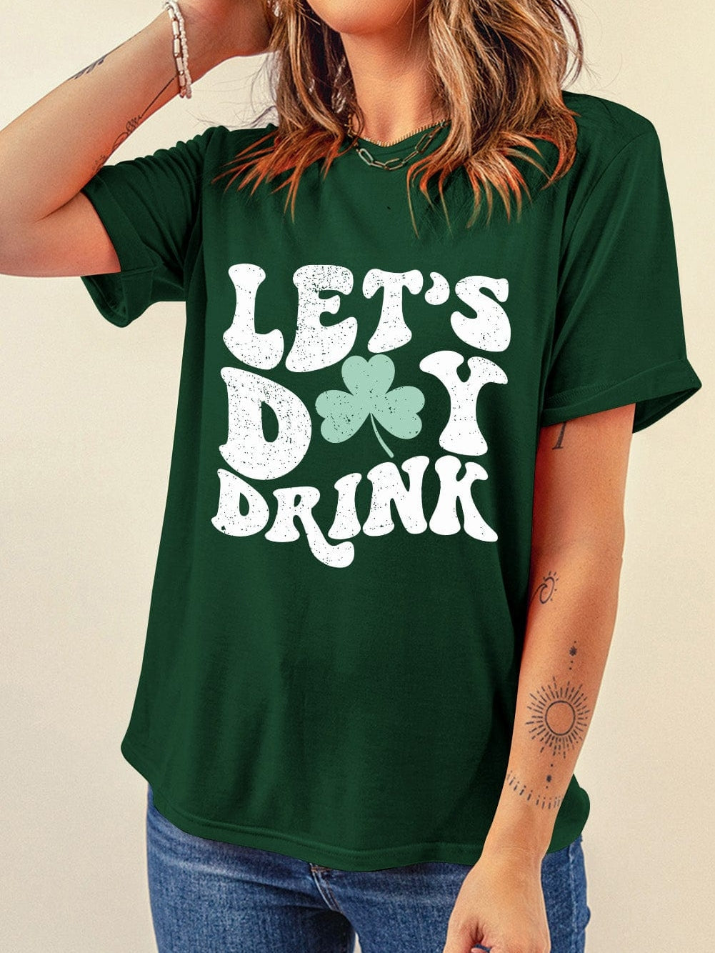Green Clover Day Dreamer Round Neck Graphic Tee