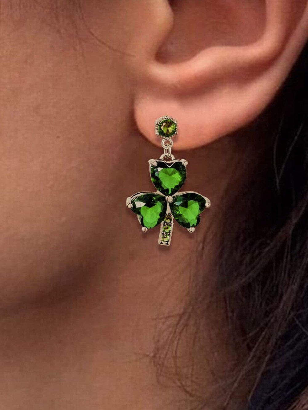 Green Clover Diamond Drop Earrings with Sparkling Studs
