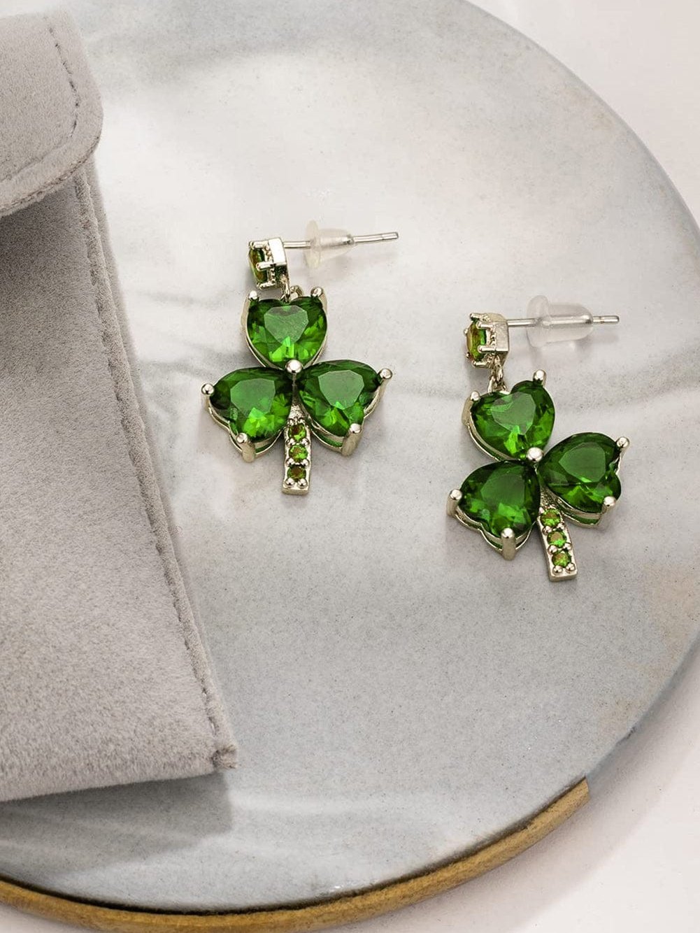 Green Clover Diamond Drop Earrings with Sparkling Studs