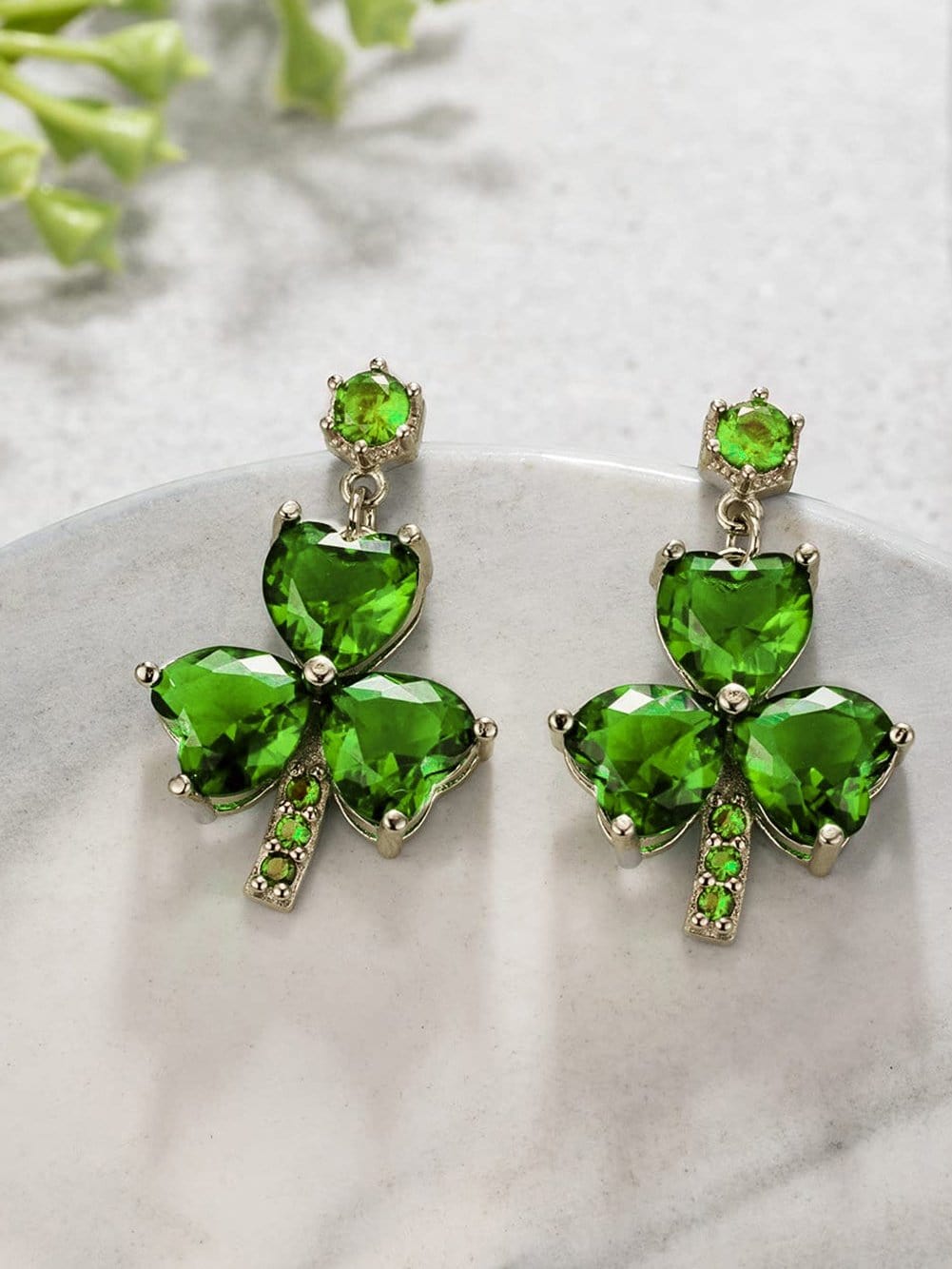Green Clover Diamond Drop Earrings with Sparkling Studs