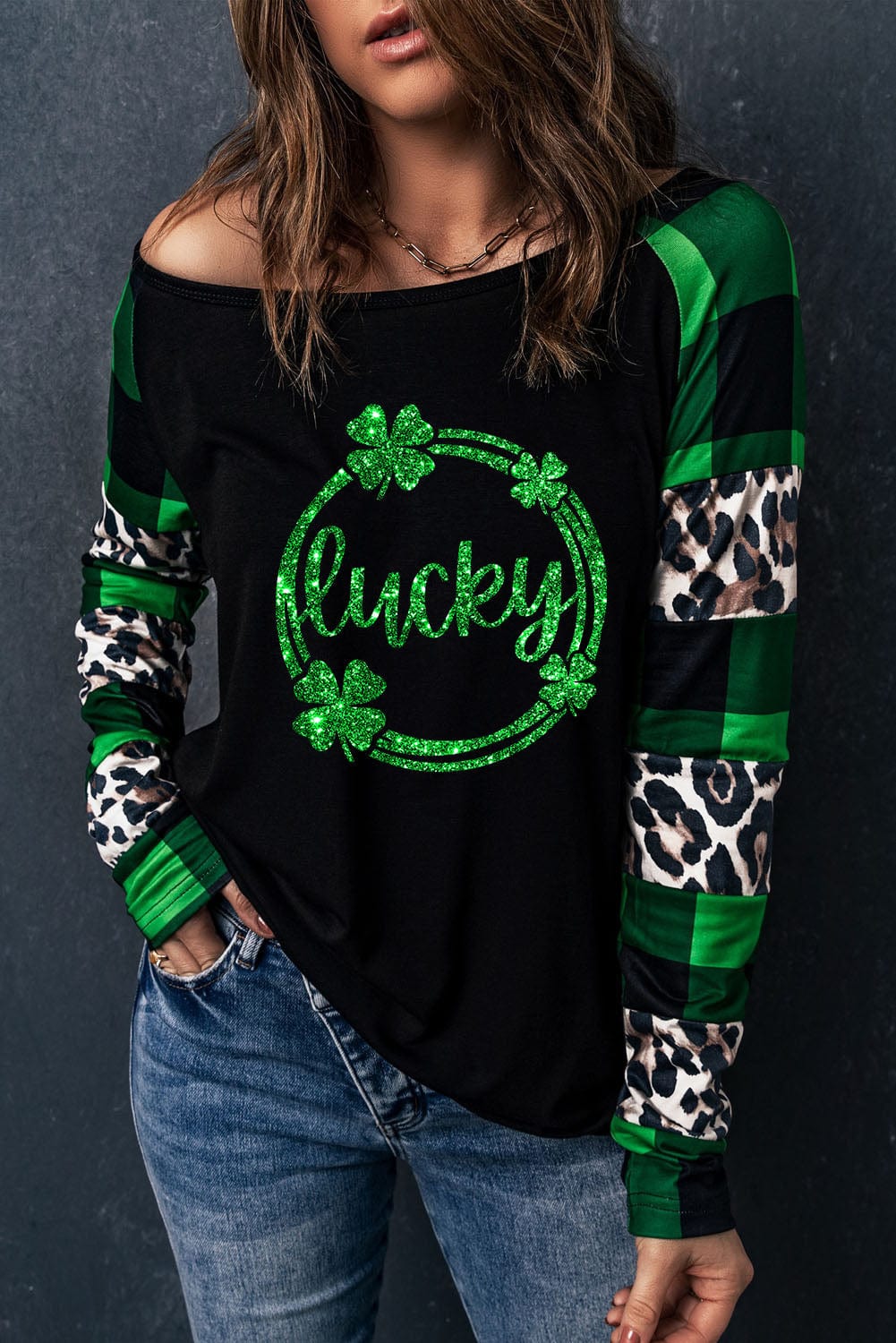 Green Clover Leopard Plaid Graphic Lucky Long Sleeve Tee