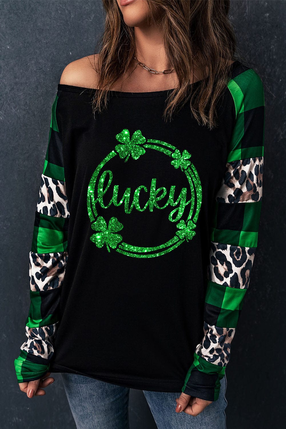Green Clover Leopard Plaid Graphic Lucky Long Sleeve Tee