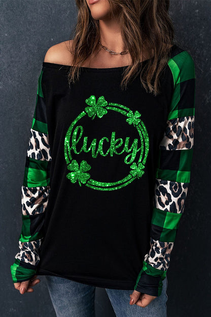 Green Clover Leopard Plaid Graphic Lucky Long Sleeve Tee