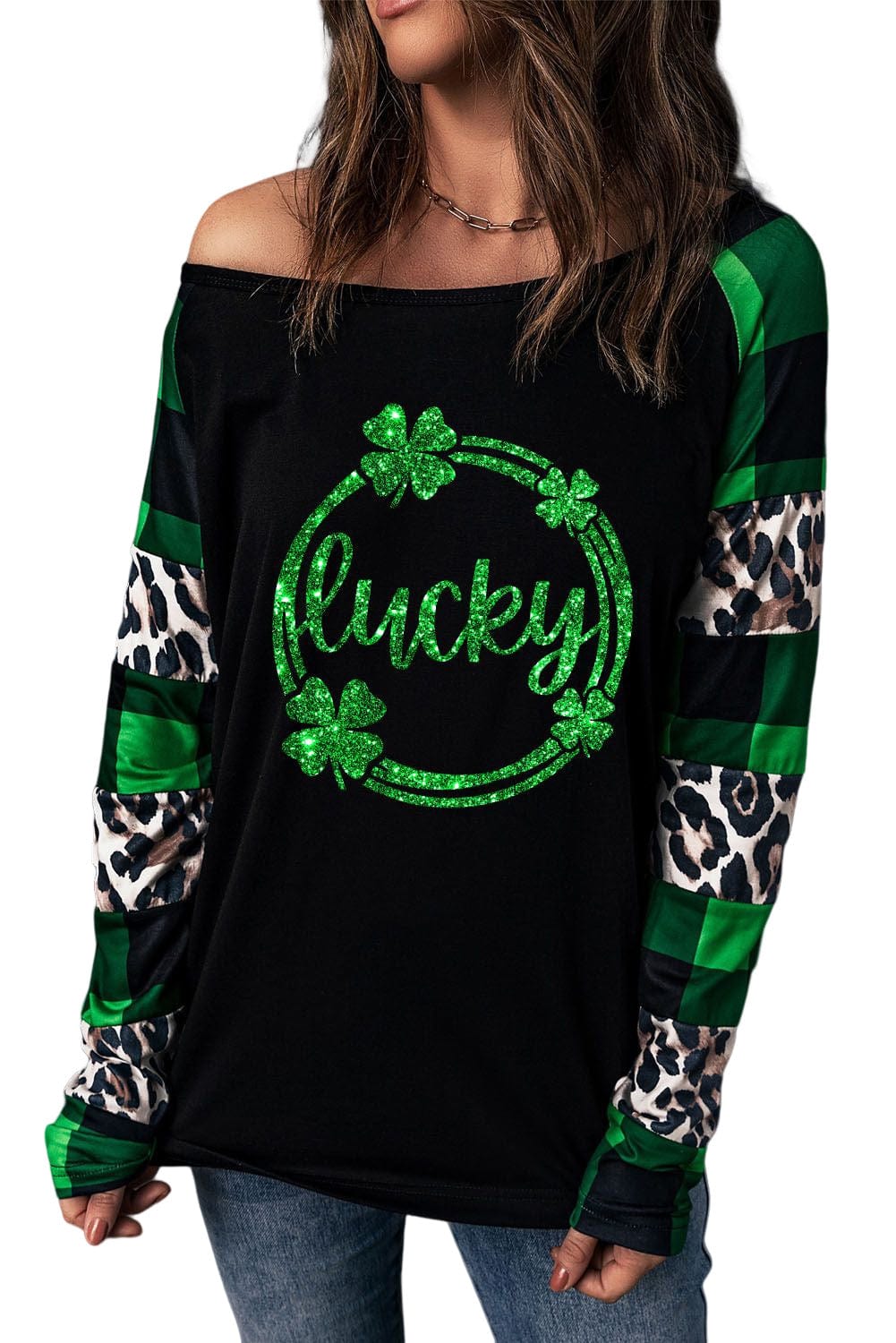 Green Clover Leopard Plaid Graphic Lucky Long Sleeve Tee