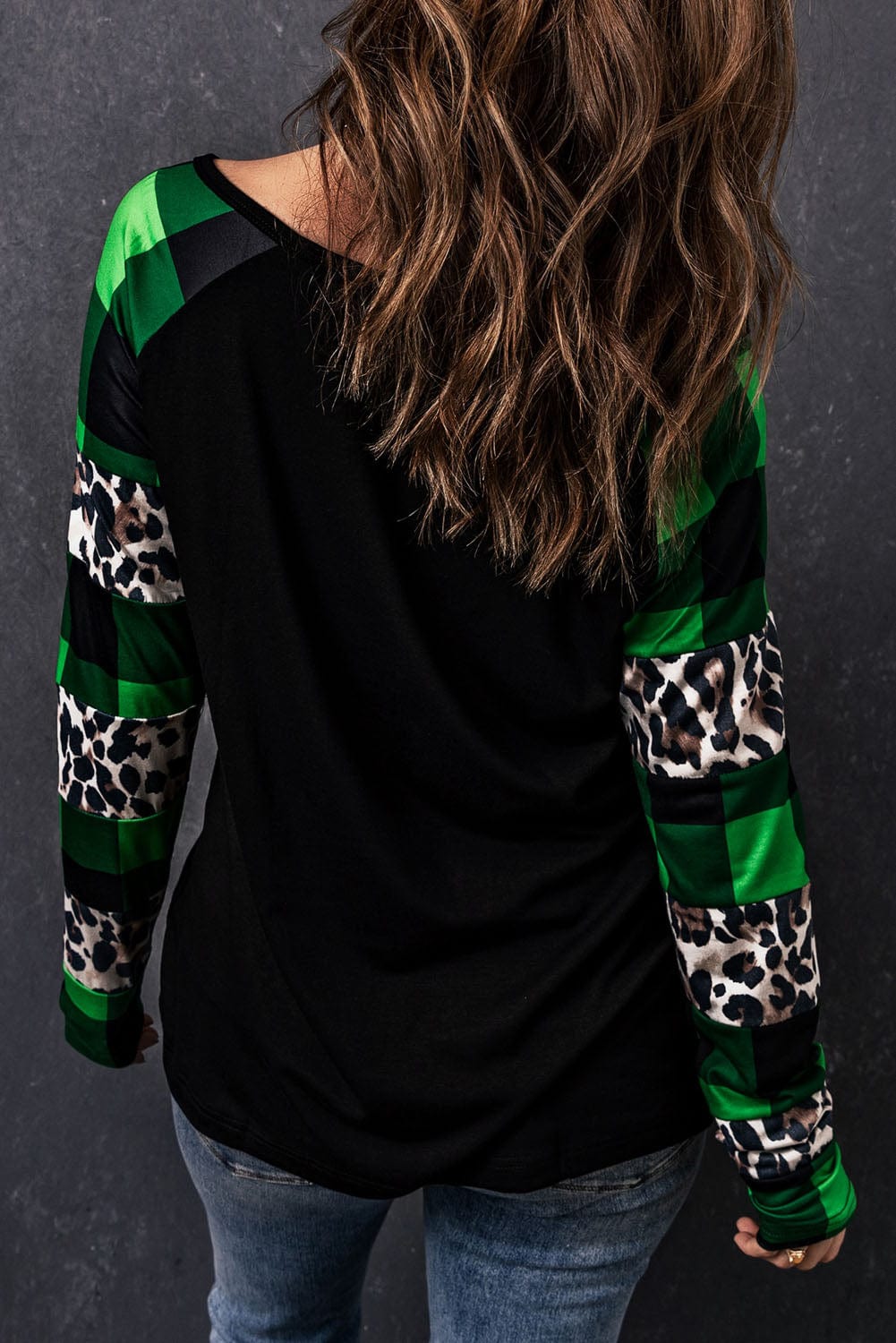 Green Clover Leopard Plaid Graphic Lucky Long Sleeve Tee