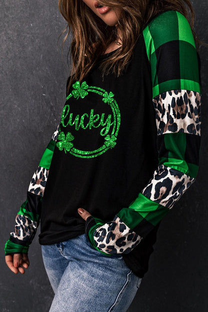 Green Clover Leopard Plaid Graphic Lucky Long Sleeve Tee