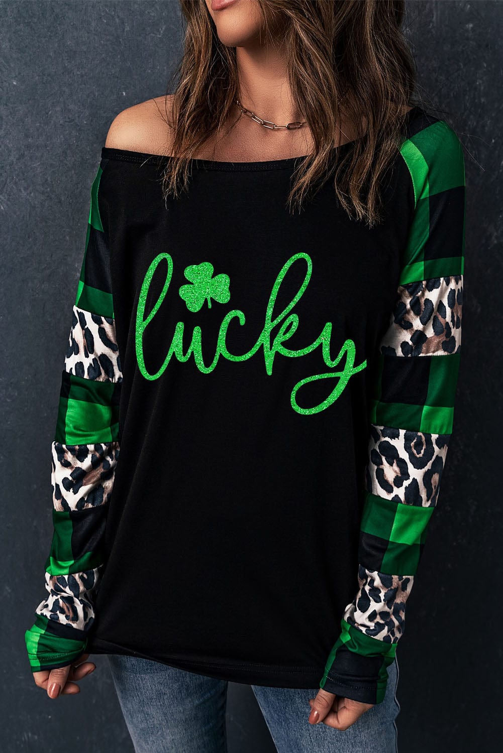 Green Clover Leopard Print Long Sleeve Top with Glitter Detail