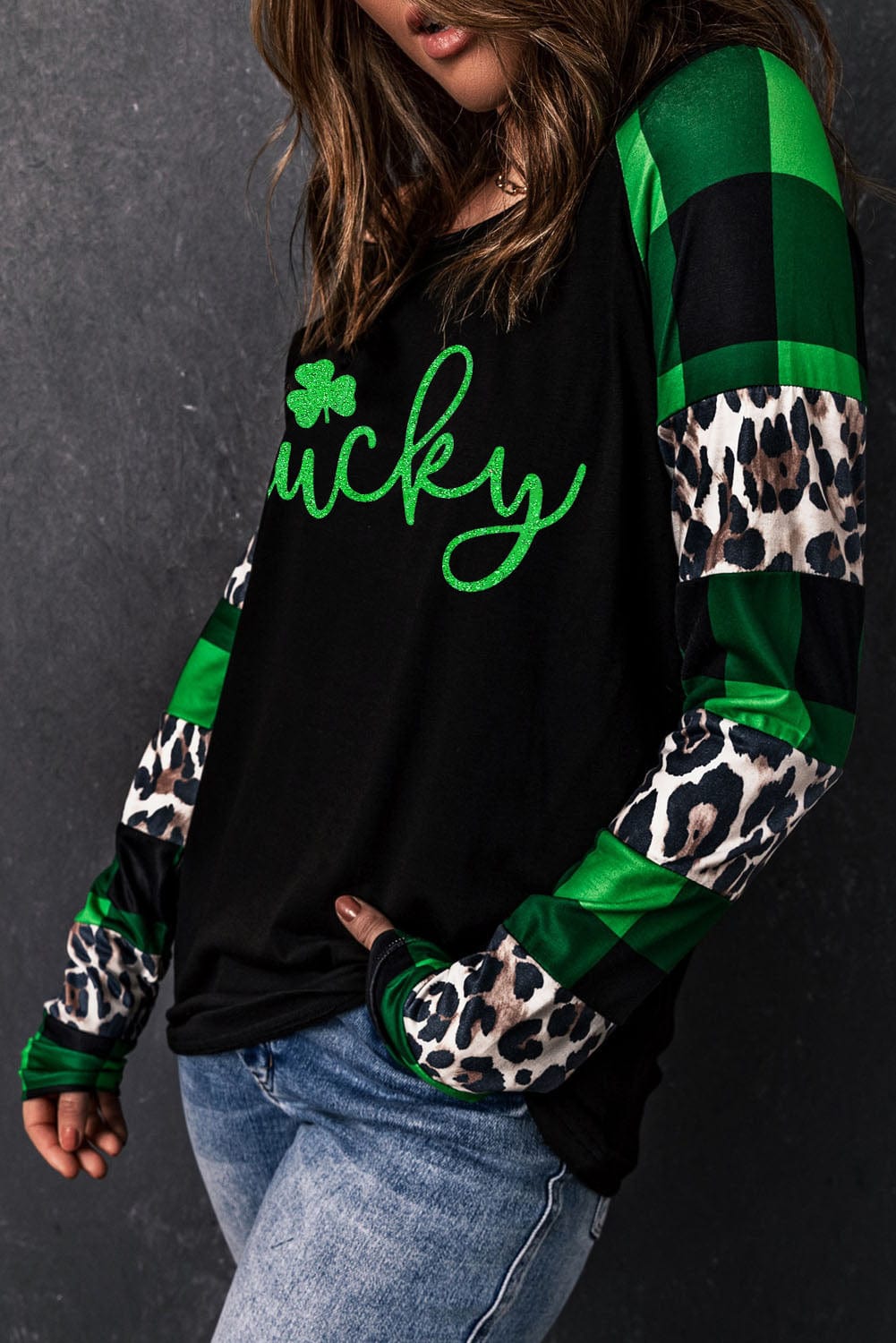 Green Clover Leopard Print Long Sleeve Top with Glitter Detail