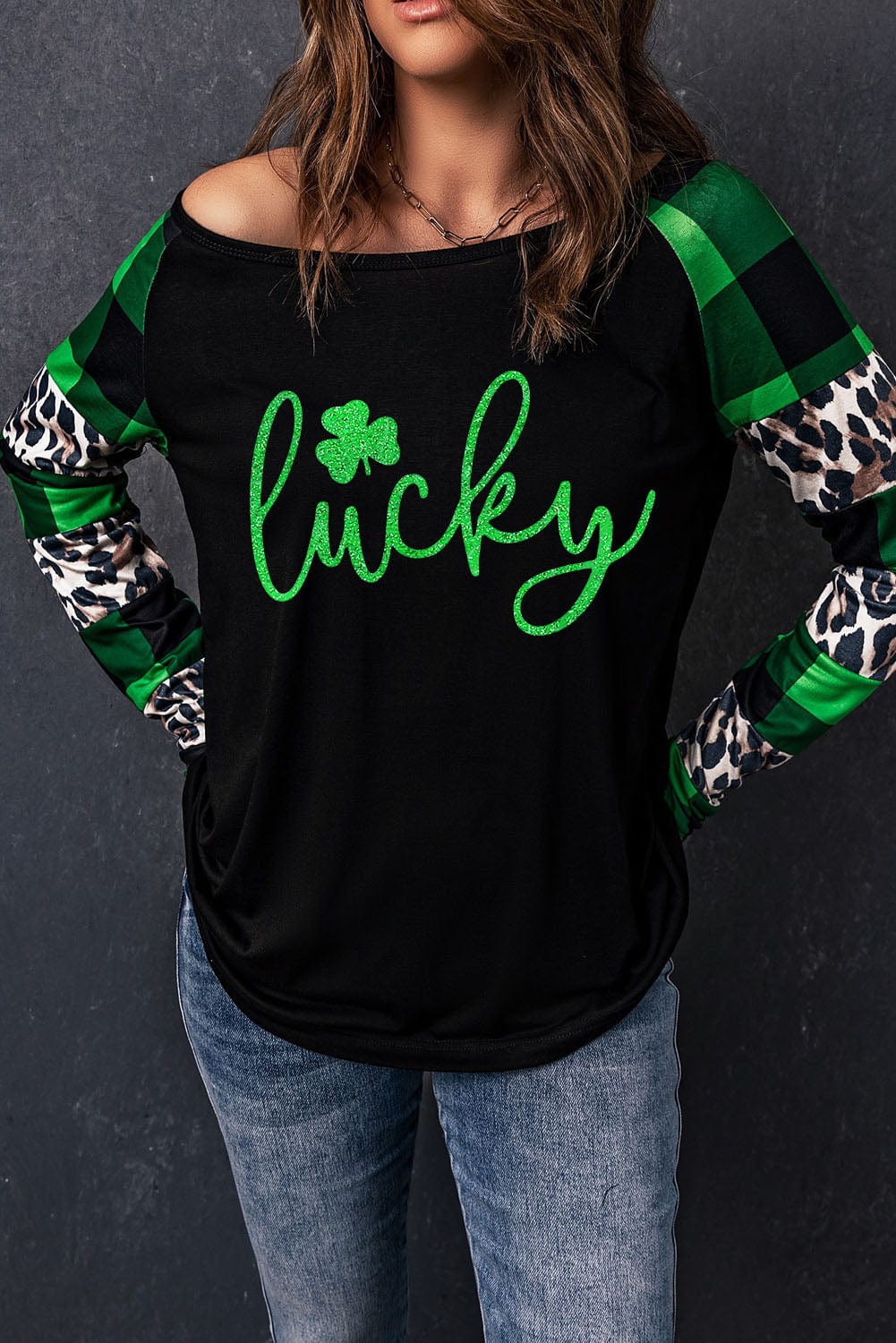 Green Clover Leopard Print Long Sleeve Top with Glitter Detail