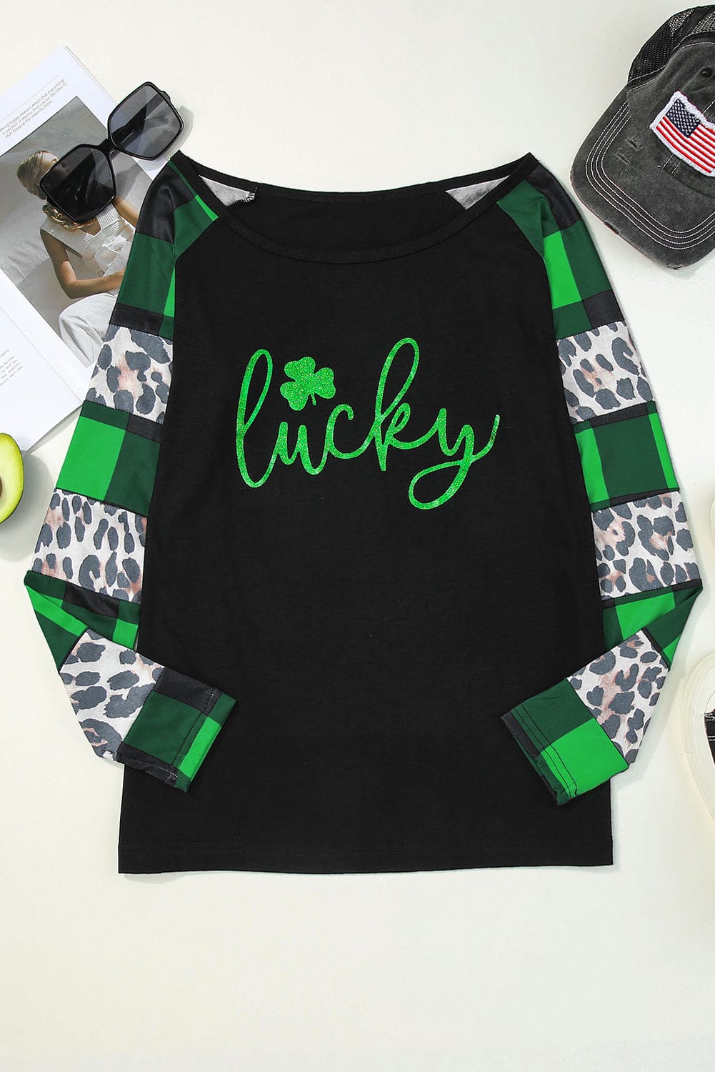 Green Clover Leopard Print Long Sleeve Top with Glitter Detail