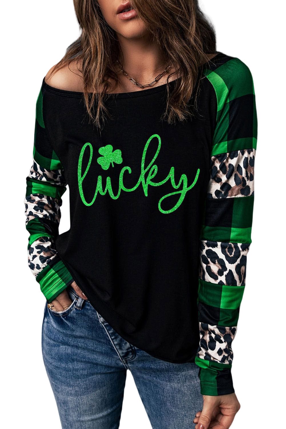 Green Clover Leopard Print Long Sleeve Top with Glitter Detail