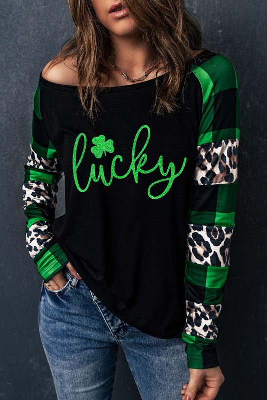 Green Clover Leopard Print Long Sleeve Top with Glitter Detail