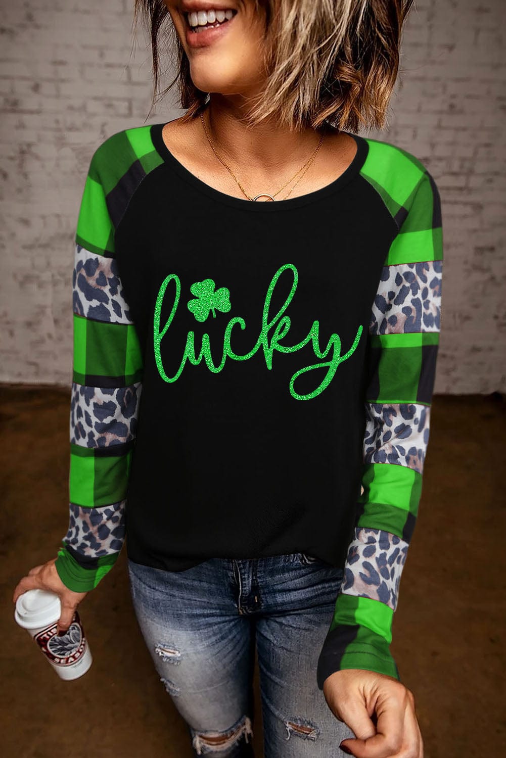 Green Clover Leopard Print Long Sleeve Top with Glitter Detail