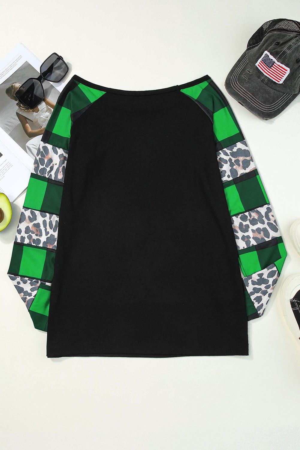 Green Clover Leopard Print Long Sleeve Top with Glitter Detail