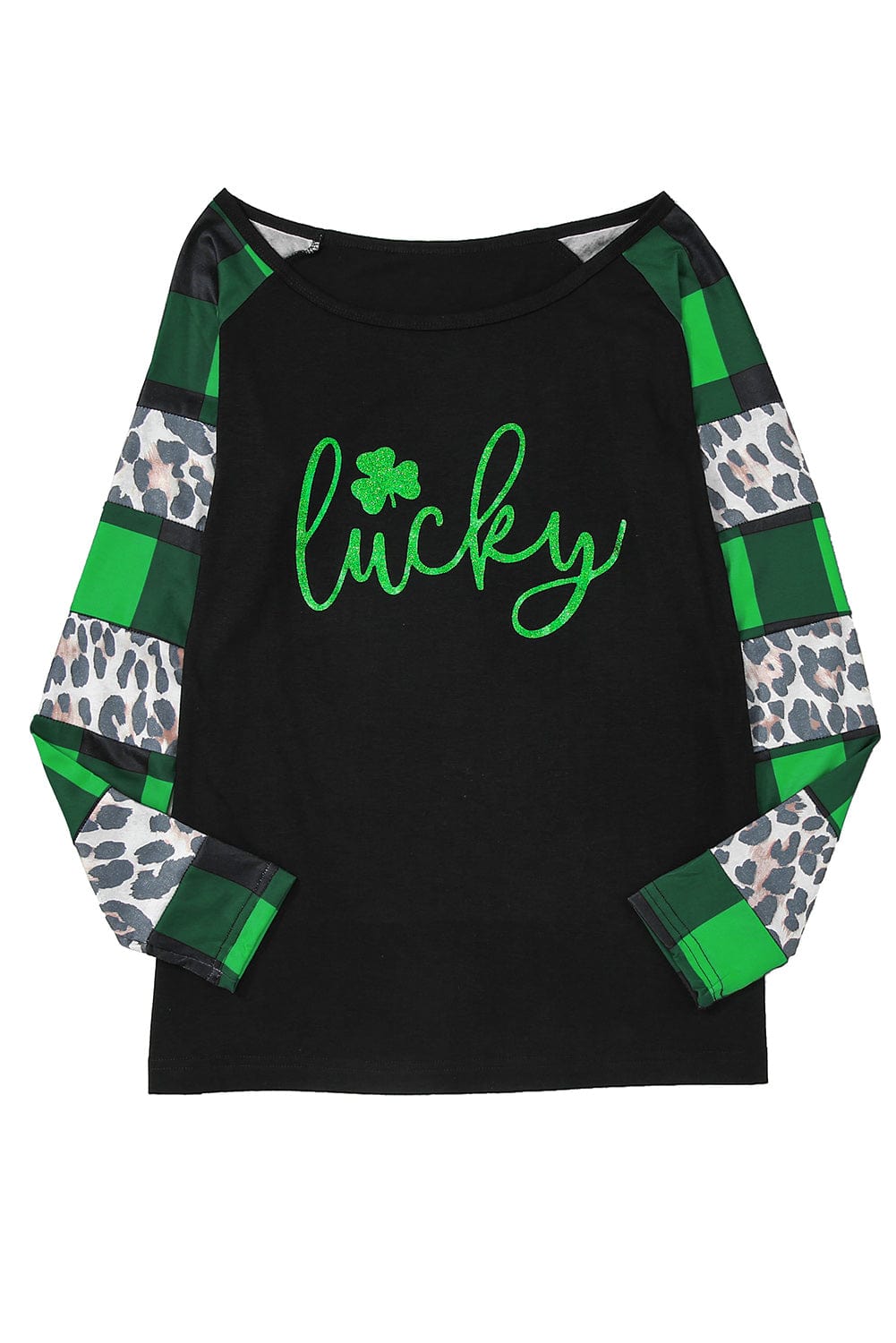 Green Clover Leopard Print Long Sleeve Top with Glitter Detail