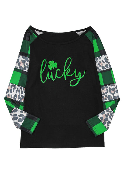 Green Clover Leopard Print Long Sleeve Top with Glitter Detail