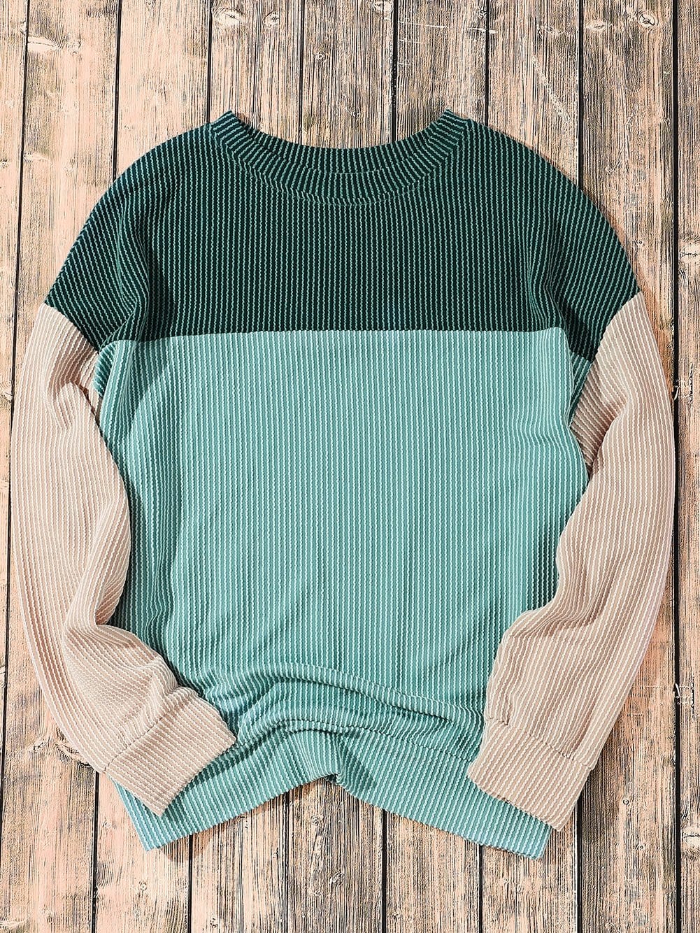 Green Color Block Ribbed Long Sleeve Loose Top with Chic Style