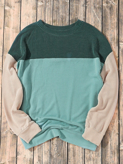 Green Color Block Ribbed Long Sleeve Loose Top with Chic Style