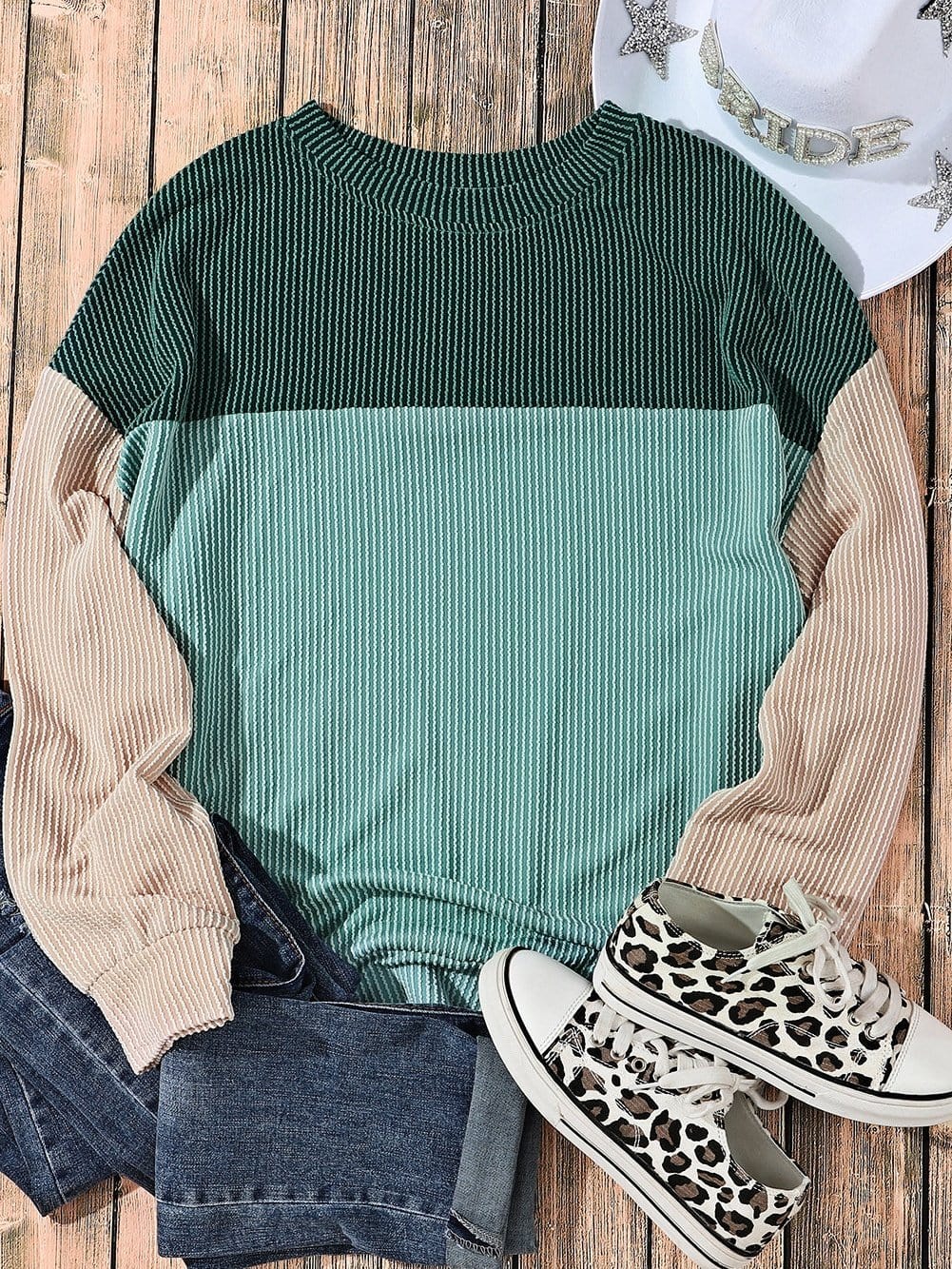 Green Color Block Ribbed Long Sleeve Loose Top with Chic Style